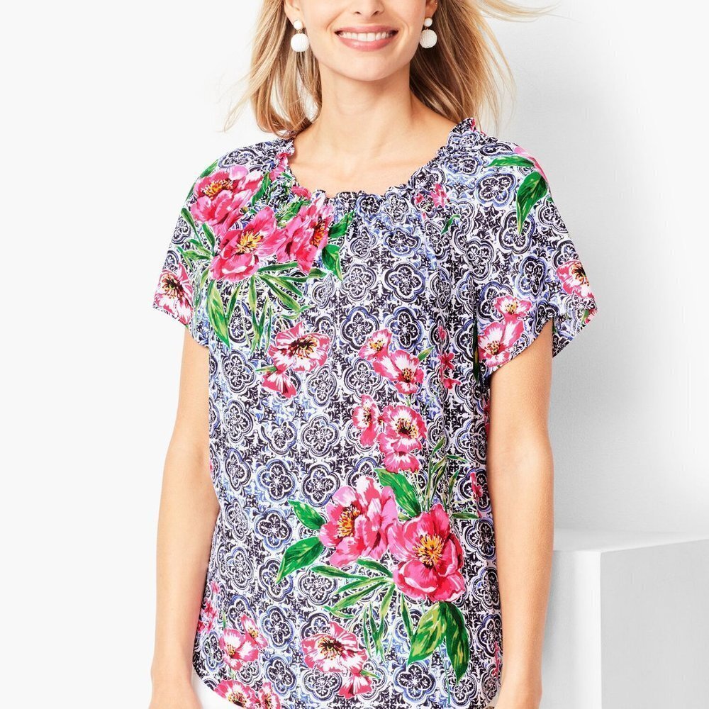 Talbots Floral Tile On/Off Shoulder Short Sleeve Resort Blouse Top NWOT S